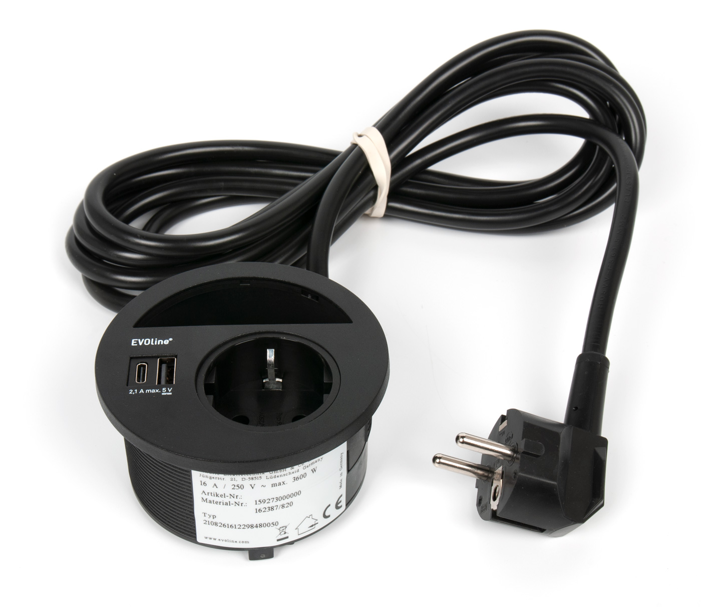 Блок розеток EVOline Circle80 (1 эл. роз. + USB Charger Type A + Type C charger) кабель 3м черный