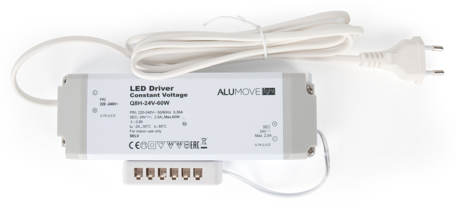 Трансформатор Alumove Light LUX 24V/60W, с распред. коробкой на 6 разъемов Micro, кабель 2м пластик
