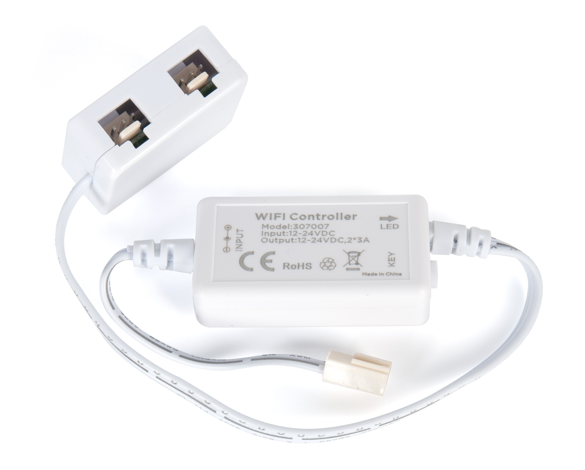 Контроллер для двухцветной ленты, WIFI, входной кабель 100мм с разъемом Miniplug, распред.коробка на 4 разъема Miniplug (кабель 150мм).