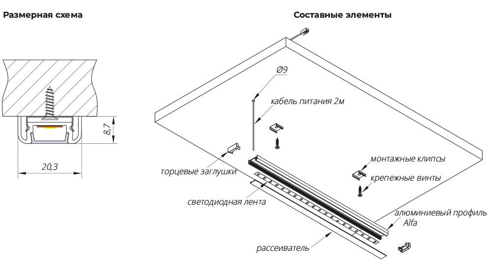 Светильник ALFA CLICK- 1600 накладной  16Вт, 12В, лента 120 LED/м, каб. 2м с разъемом MiniPlug шампань/свет теплый