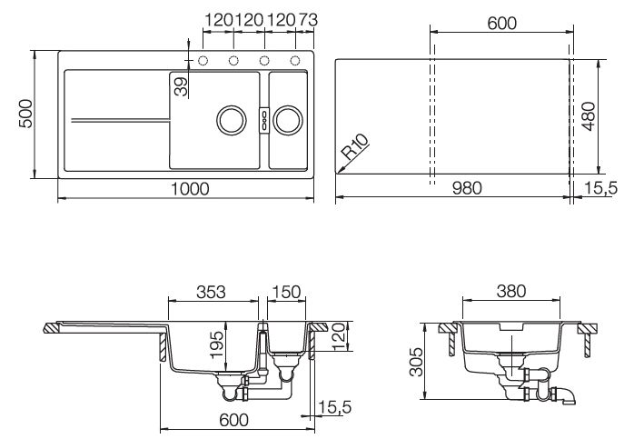 Мойка  Horizont 60D (D-150) Cristadur 1000х500 магнолия