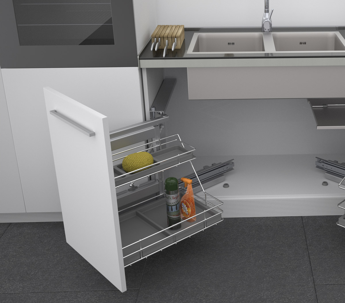 Выдвижная система Shelf Inox левая со стальными поддонами в шкаф 50см, Soft-Close 415*500