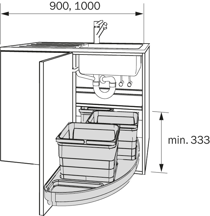 Выдвижная система eins2slide с 3-мя ведрами в угловой шкаф 1000 мм, левый серый