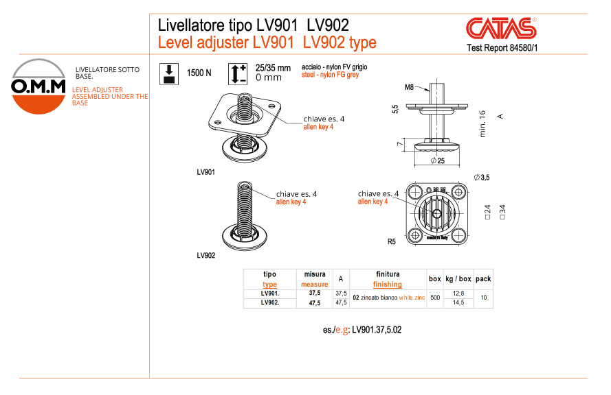 Ножка для мебели LV901 с возможностью регулировки высоты h=37,5  сталь, пластик